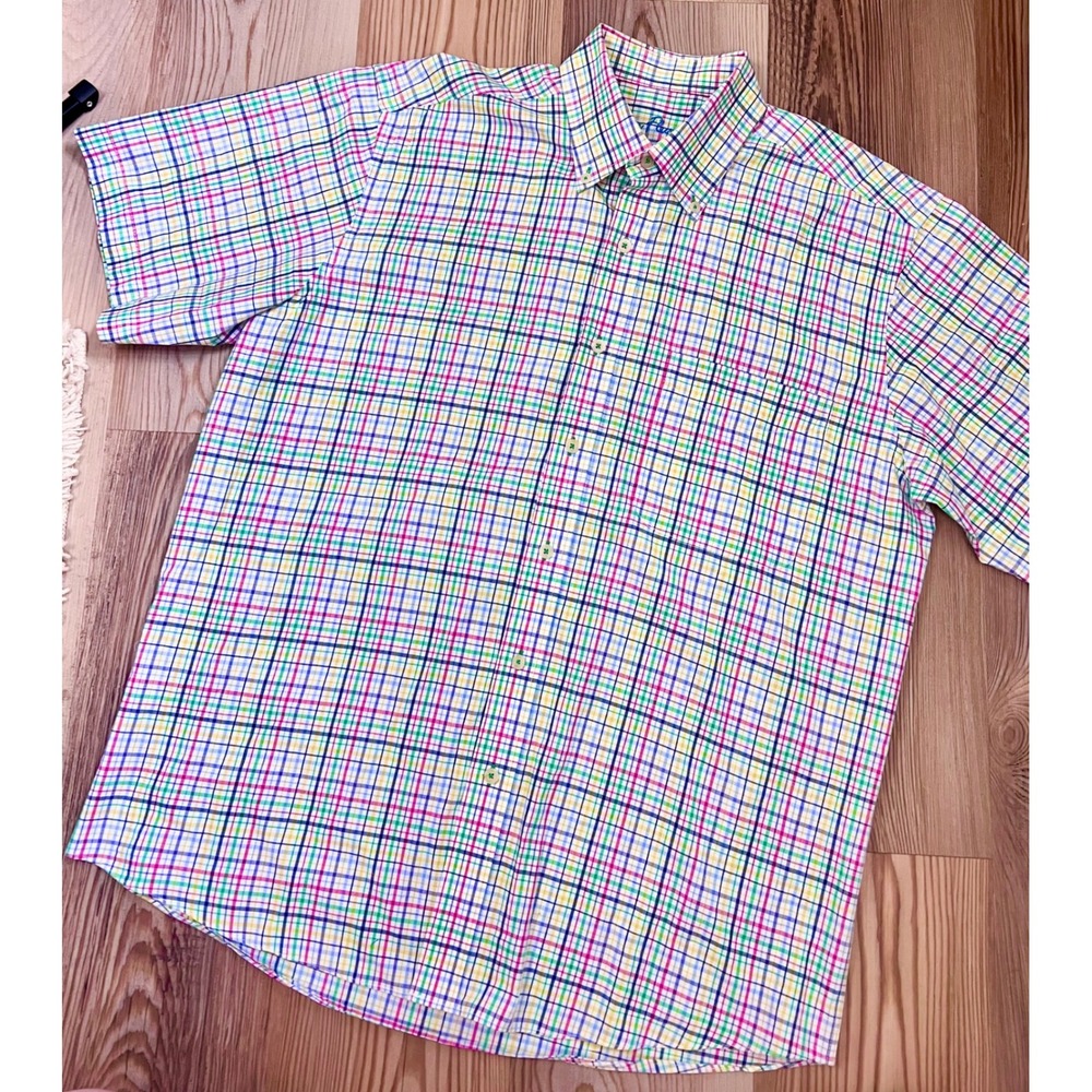 Alan Flusser Mens Medium Bright Rainbow Plaid Short Sleeve Button Down Shirt